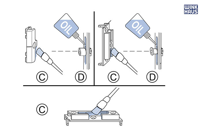 Zbliżenie na proces smarowania zaczepów i rolek w okuciu okiennym.